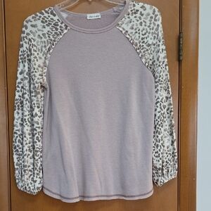 Leopard Sleeve Long Sleeve Top in Tan and Cream.